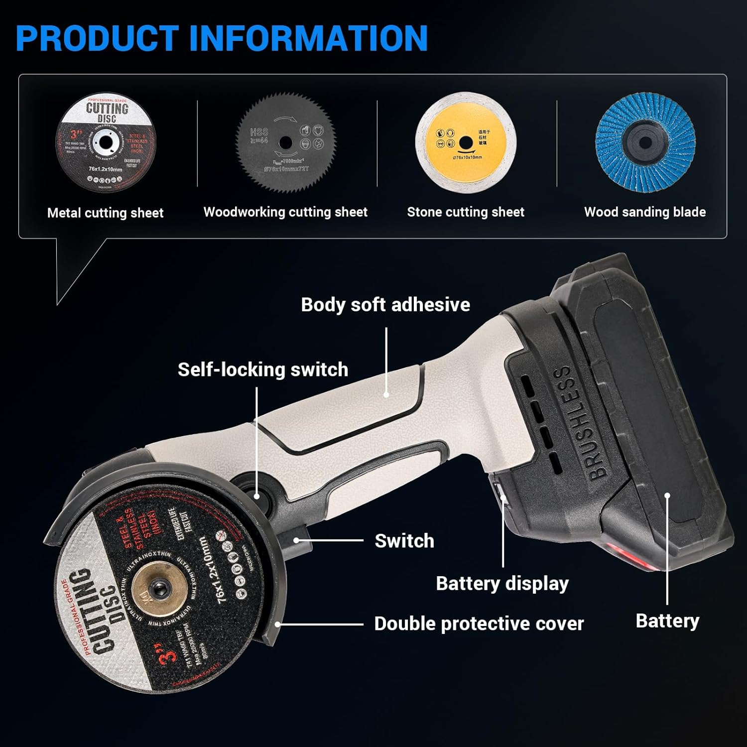 Novorik Cordless Mini Angle Grinder Brushed with 2pcs 16.8V 2000mAh Battery - Image 4