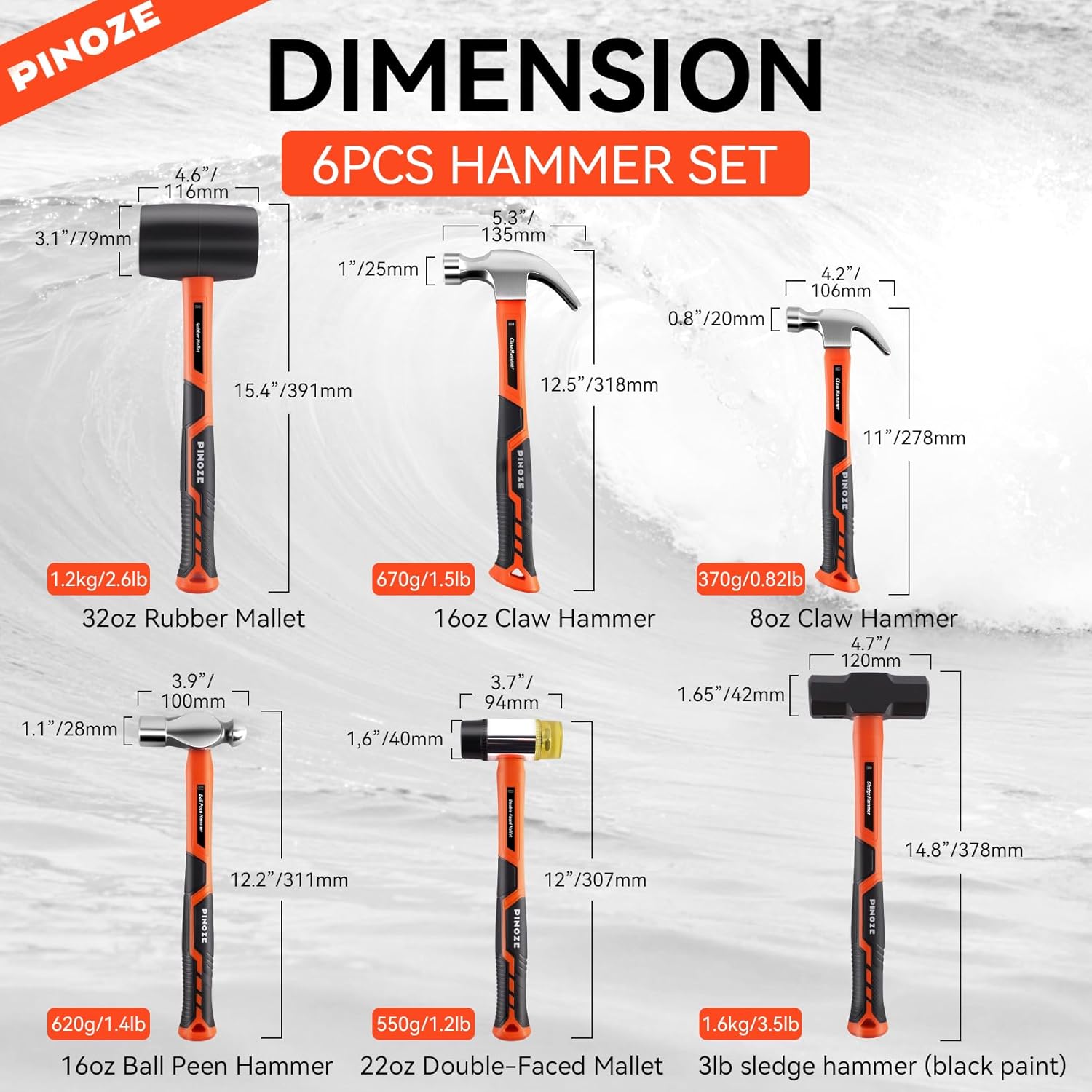 Pinoze 6-Piece Hammer Mallet Set with Fiberglass Handle Forge Steel Head - Image 5
