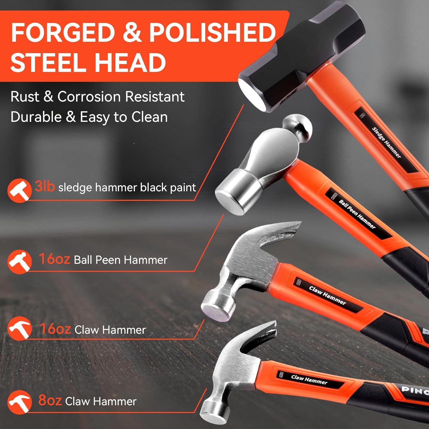 Pinoze 6-Piece Hammer Mallet Set with Fiberglass Handle Forge Steel Head - Image 3